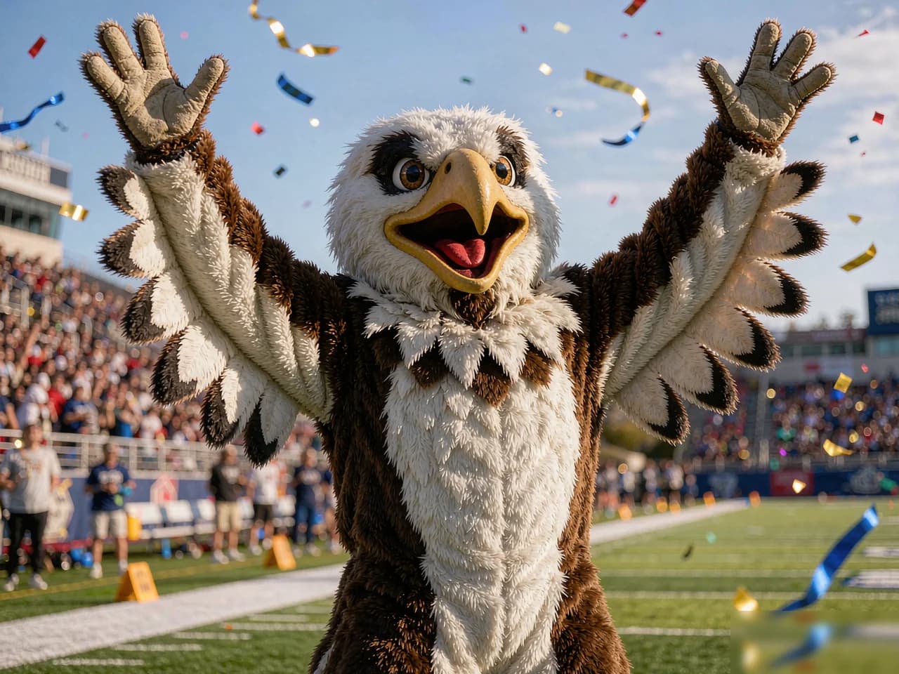School mascot costume character cheering at a stadium event